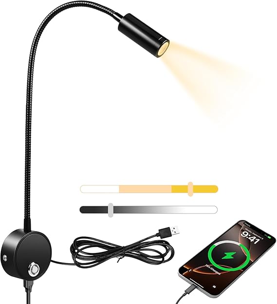 HOTUT LED Wall Reading Lamp for Bedroom, USB Powered LED Wall Mounted Reading Light, Flexible Bedside Light with Touch Switch and USB Output Port, 6000K- 4000K- 3000K Adjustable Colors [Energy Class F]