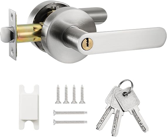 Door Handle with Lock, Reversible Door Handles, Privacy Door Lever, Internal Door Handle Knob Sets, Security Door Lock Set, Entry Door Lever with Keys for Bedroom Bathroom etc. (Silver)