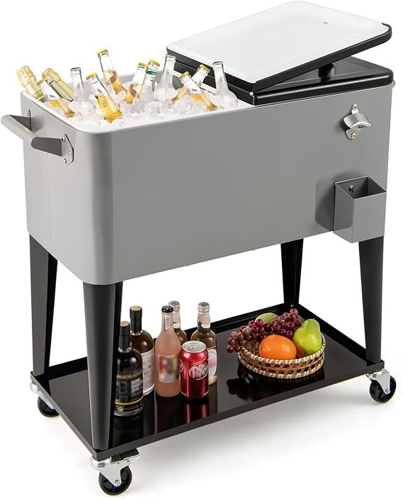 TANGZON 76L Rolling Cooler Cart, Stainless Steel Ice Chest with Lockable Wheels, Handles, Bottle Opener & Bottle Cap Catcher, Outdoor 72H Insulation Beverage Cooler Trolley