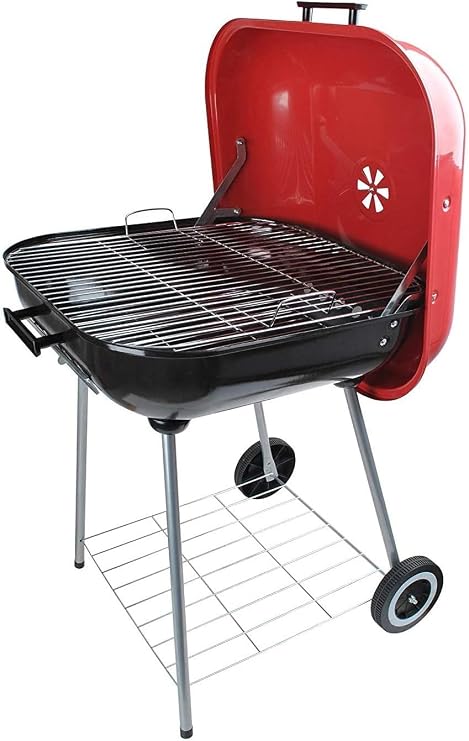 Classic Large Square 22x22" Charcoal Barbecue Grill Portable BBQ Heavy Steel W/Wheels Legs Ash Catcher Red/Black Color