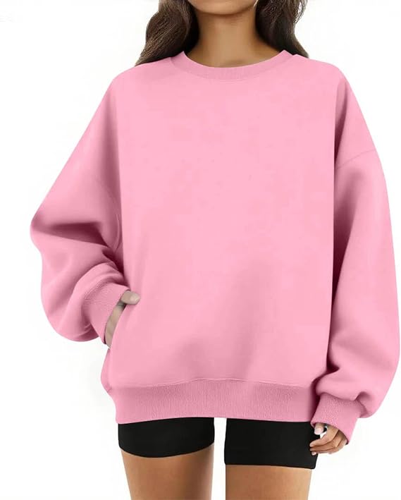 Oversized Crewneck Sweatshirt Women Fall Cute Fleece Pullover Sweatshirts No Hood Plain Y2k Hoodie with Pockets