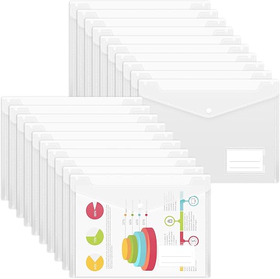 Umriox Clear Plastic Wallets-20 Pack A4 Plastic Folders Document Wallets File Envelope Popper Wallets with Label Pocket and Snap Button for School, Home, Office, Travel and Stationary