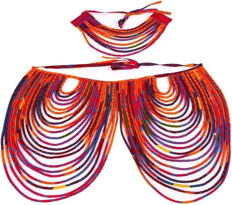 HollandaisWax African Ankara Handmade Necklace for Women Multi Strand Fabric Shawl Exotic Necklace and Short Choker 2 Pieces SP026