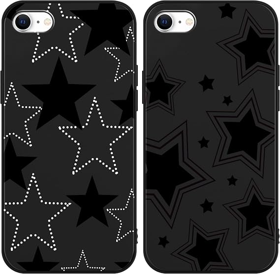 2 Pack Cute Cool Black Star Phone Case for iPhone 7/8 / SE 2020 / SE 2022 4.7 inch, Aesthetic Girly Anti-Scratch Soft Slim Flexible Protective Shockproof Matte Funda Cover for Women Girls