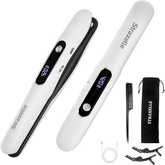 Mini Cordless Hair Straighteners and Curler,5000mAh Rechargeable Travel Straighteners Cordless with LED Display,2 in 1 Portable Flat Iron Hair Straightener 3 Temp Levels for Fine to Thick Hair (White)