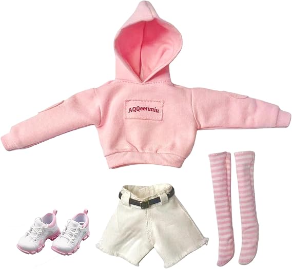 Fashion Doll Outfit Set, Pink Hoodie with White Shorts, Striped Socks and Shoes, Compatible with 11.5-12 Inch Dolls, 4 Piece Clothing Set