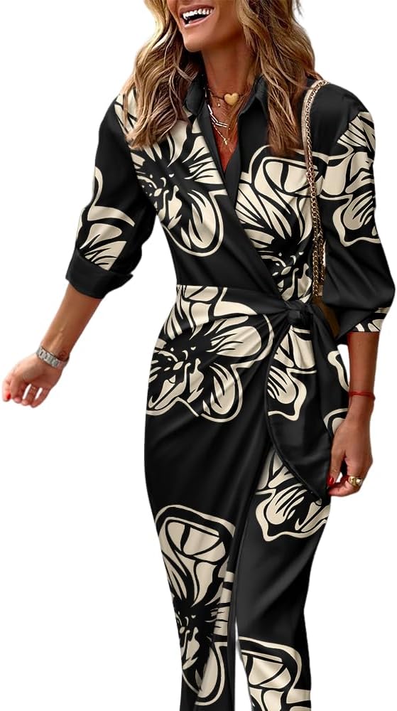 CHICME Women's Long Sleeve Midi Dress Casual Wrap Tied Detail Shirt Dresses Floral Print Fall Long Dress Black-XL