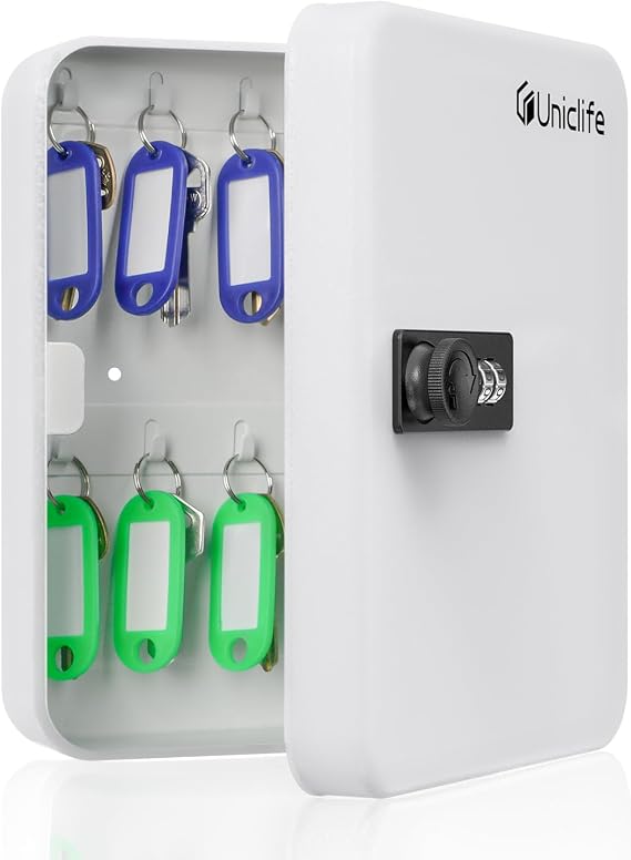 Uniclife 20 Position White Key Cabinet with Combination Lock Resettable Black Digital Security Storage Box Steel Key Organizer with Colorful Key Tag Labels Stickers and Hooks
