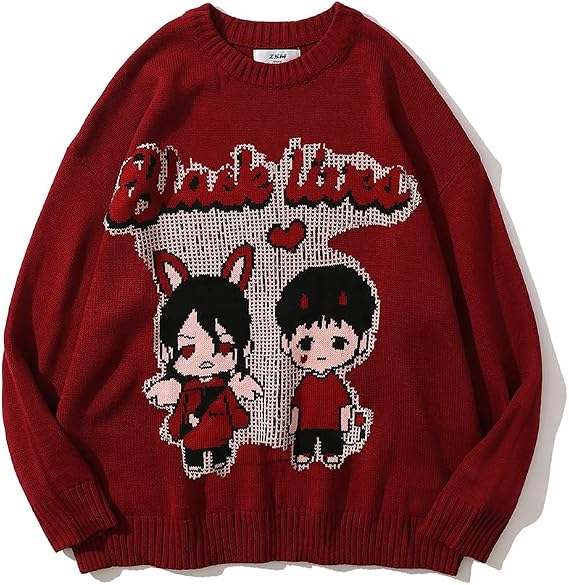 Men Oversized Knitted Sweater Pullover Black Japanese Anime Cartoon Print