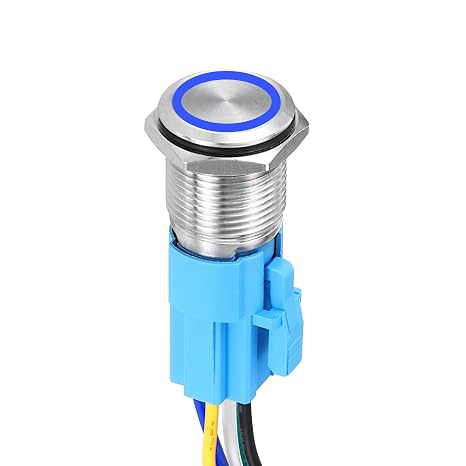 DMiotech 19mm / 3/4" Push Button Switch, IP65 1NO1NC 12-24V 5A Momentary Latching Push Button Starter Light Switch Self-Reset with Blue Light Round, Stainless Steel Flat Head Silver