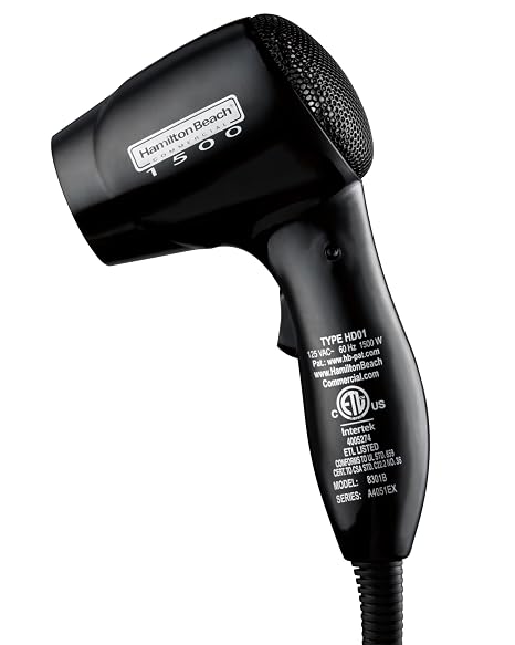 Hamilton Beach Commercial Hospitality Wall-Mounted Hair Dryer 1500 Watts with Nightlight, Black 8301B