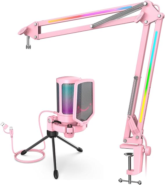 FIFINE USB Condenser Microphone & RGB Microphone Boom Arm Bundle, Gaming PC Mic with Quick Mute, Metal Suspension Mic Stand with Adapter for Streaming, Podcasting-A6VP+BM38P