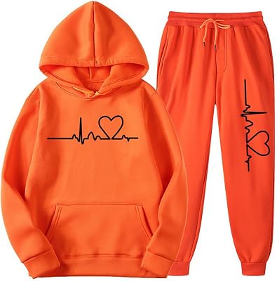 2 Piece Sets for Women Winter Heart Print Hoodie Tracksuit Long Sleeve Pullover Sweatshirt Workout Jogger Sweat Suits