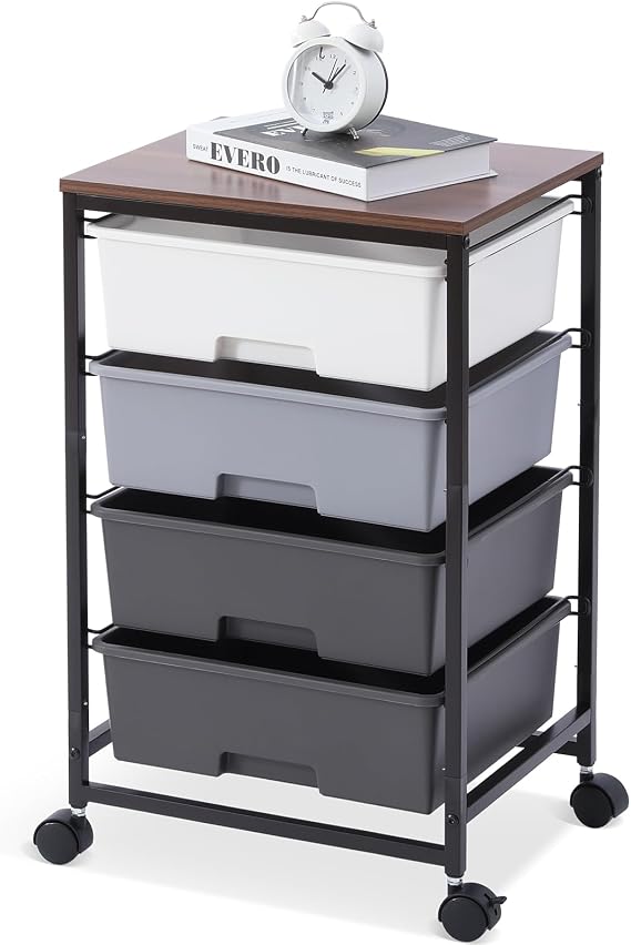 SYKIARIOL 4-Drawer Storage Trolley Rolling Cart, Gray | Mobile Rolling Cart, Multipurpose, for School/Bedroom/Craft Room/Living Room