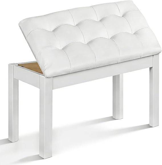 SUNDOY Piano Bench Keyboard Stool, Solid Wooden Digital Piano Seat with Padded Cushion and Large Storage Compartment (White)