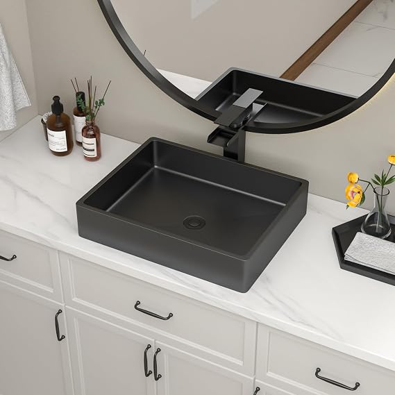 19" Black Bathroom Vessel Sink with Drain, 19x15 Inch Top Mount Bathroom Sink 16 Gauge Stainless Steel Above Counter Rectangular Sink