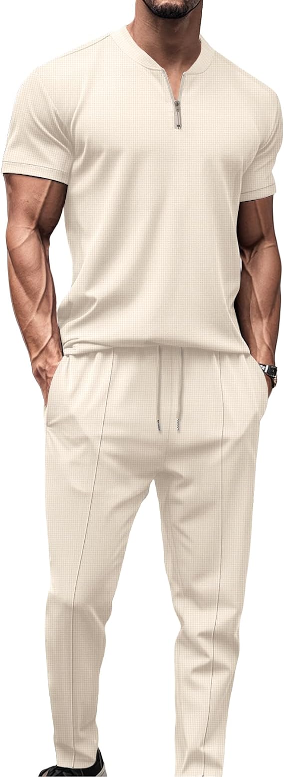 Men's Tracksuits 2pcs Short Sleeve Zip Workout Top & Trouser Set for Casual Sport Summer Outfits Lounge 