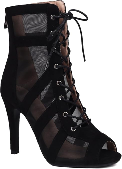Women Dance Boots Mesh Open Toe High Heel Lace Up Performance Latin Salsa Bachata Ballroom Dancing Boots,DS-J35-9.5cm Heel