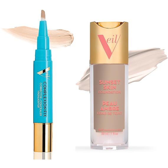 Veil Cosmetics | 1 Complexion Fix Concealer | 1 Sunset Skin Liquid Foundation | Shade 1N | Oil-Free, Liquid, Lightweight & Buildable Coverage | Vegan | Cruelty, Paraben, Fragrance Free
