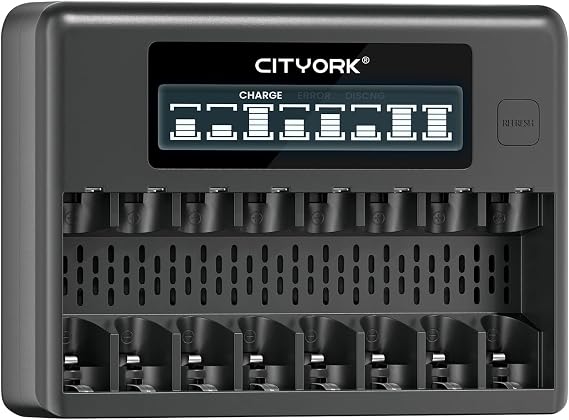 CITYORK 8 Bay AA AAA Battery Charger, Independent Slot Charger with LCD Display for 1.2V Ni-MH Ni-CD Rechargeable Batteries (USB-C Cable Included)