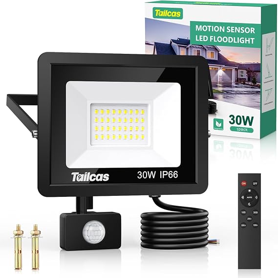 Tailcas Security Lights Outdoor Motion Sensor, 30W 2700LM, Remote | 6500K Daylight White, IP66 Waterproof PIR Floodlight ; Mains-powered Outdoor Lights for Garden, Yard, Garage and Doorway [Energy Class F]