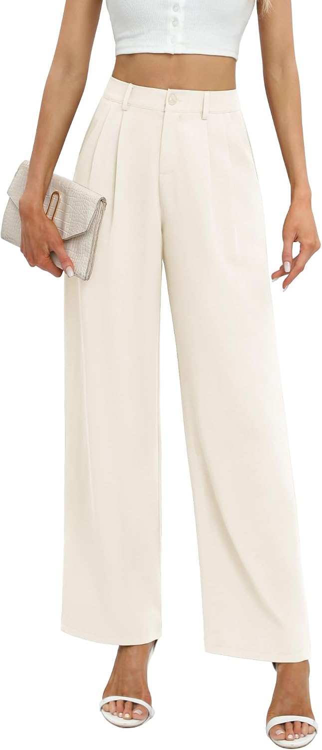 Feiersi Womens Business Work Trousers High Waisted Wide Leg Pants Long Straight Suit Pants with Pocket
