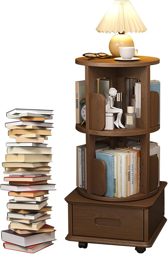 360 Rotating Corner Kids Bookshelf Night Stand,Side Table for Bedroom,Bedside Table with Spinning Solid Wood Bookshelf Tower,End Table with Drawer,Storage,for Reading Nook,Living Room ( Color : Walnut