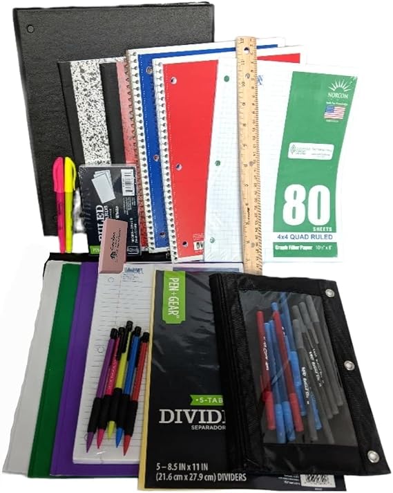 35 Item Back to School Supplies - High School, Middle School Bundle - 1" Binder, Tabs, Pouch, Folders, Notebooks, Filler and Graph Paper, Ruler, Pens, Pencils, Eraser, Highlighters, Note Cards