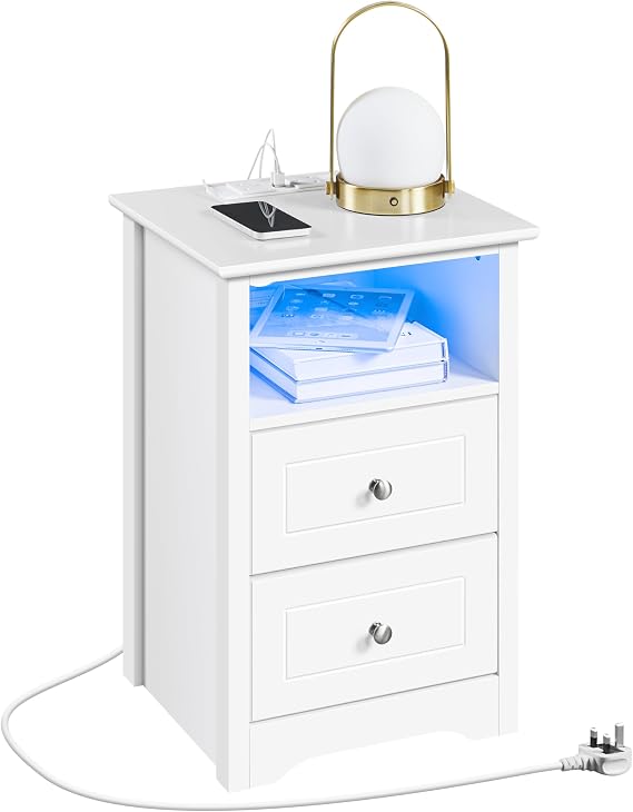 Yaheetech Bedside Cabinet with 2 Drawers and Open Shelf, White