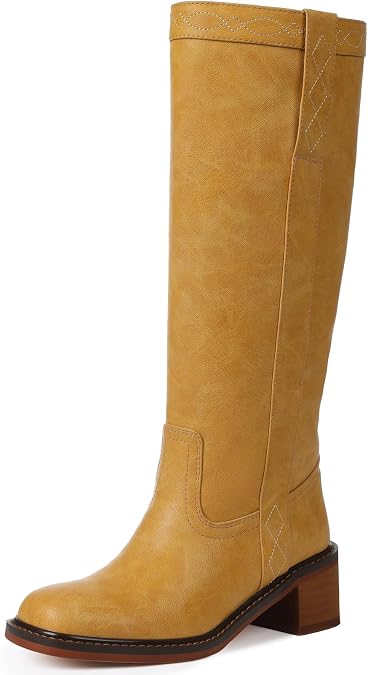 VOMIRA Womens Knee High Boots Square Toe Wide Calf Boots Chunky Block Heel Pull On Long Boots Riding Boots Knight Boots Casual Comfortable Low Heel Womens Boots