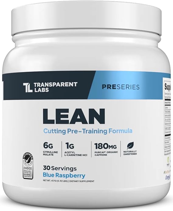 Transparent Labs Lean Pre-Workout - Body Recomposition Pre Workout for Men and Women with Acetyl L-Carnitine, Beta Alanine Powder, PurCaf Organic Caffeine Powder - 30 Servings, Blue Raspberry