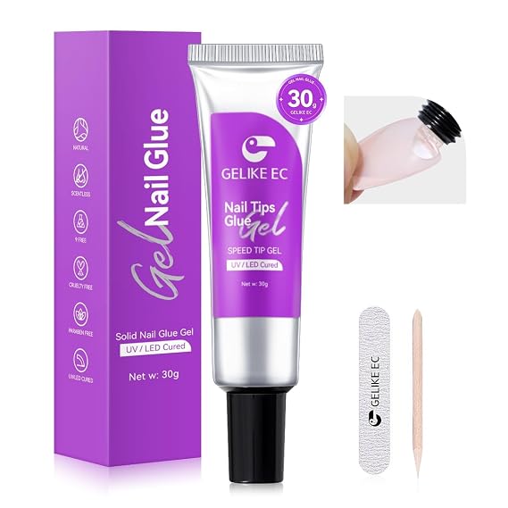 Gelike EC Solid Gel Nail Glue: Super Strong UV Nail Glue for Soft Gel Tips & Press On Nails Bubble-Free No Lifting - Up to 30 Days Hold Easy DIY Nail Glue Gel