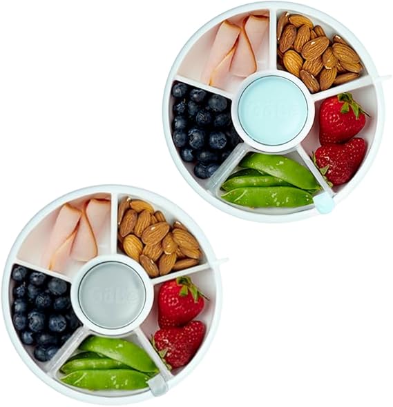 GoBe Kids Grey and Macaron Blue Snack Spinner Bundle with Hand Strap and Sticker Sheet - Reusable Snack Container with 5 Compartment Dispenser and Lid | BPA and PVC Free | Dishwasher Safe