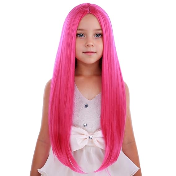 PATTNIUM Child Kids Hot Pink Wig Long Straight Pink Wig Girls Magenta Hair Neon Pink Wigs Long Middle Part Synthetic Wigs
