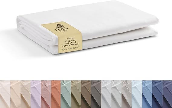 Linen Home King Size Flat Sheet Only 100% Cotton Percale, White