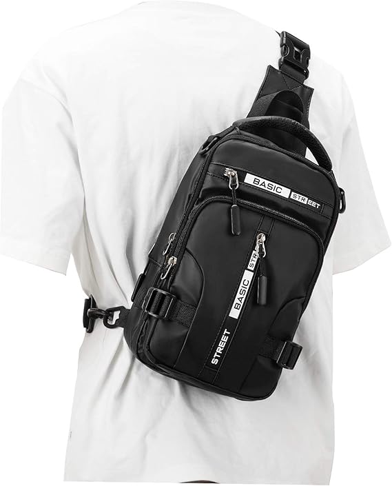 Large Black Sling Bag for Men Women, Mini Anti Theft One Strap Motorcycle Sling Backpack, Small Sling Chest Bag Daypack Crossbody Backpack with Usb Port for Casual Travel Hiking Gym Outdoor Sports