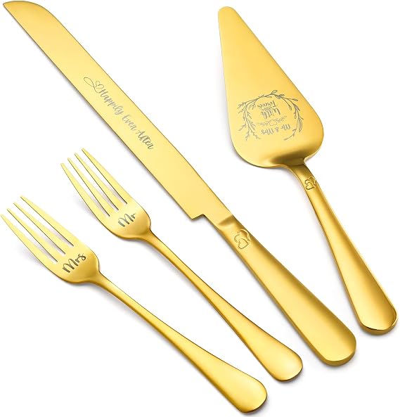 Wedding Cake Cutting Set,Heart Rhinestone Handles, 4-Piece | Cake Knife and Server Set with Mr Mrs Forks for Bride and Groom, Wedding Reception Engagement Bridal Shower Gifts for Couples