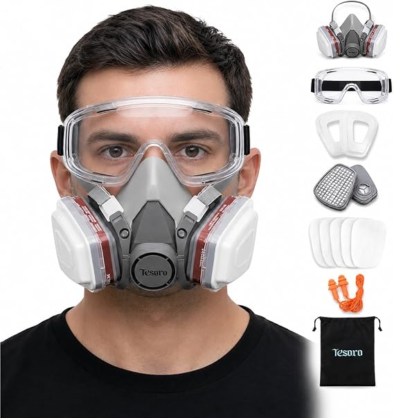 Respirator Mask for Spray Painting, Woodworking, Welding, Dust, and General Safety with Clear Eye Goggles, 10 Replacement Filters, Half Face Cover with Safety Glasses