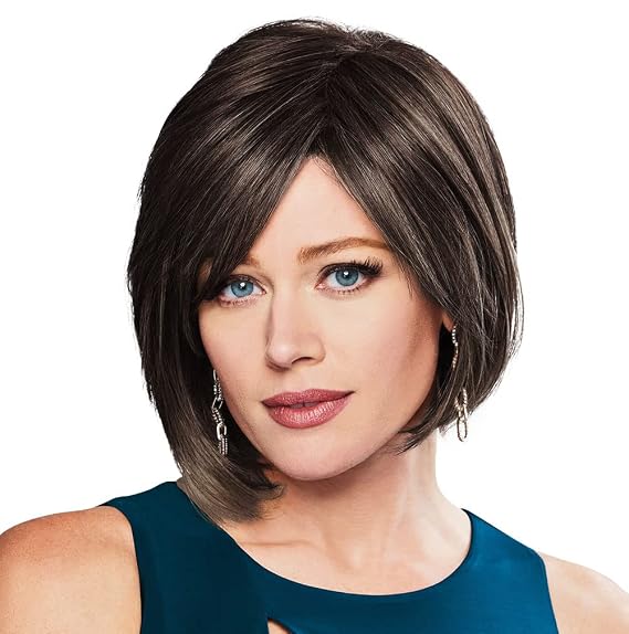 GABOR Peace Chin-Length Chic Layered Side Swept Wig by Hairuwear, Average Size Cap, Dark Brown