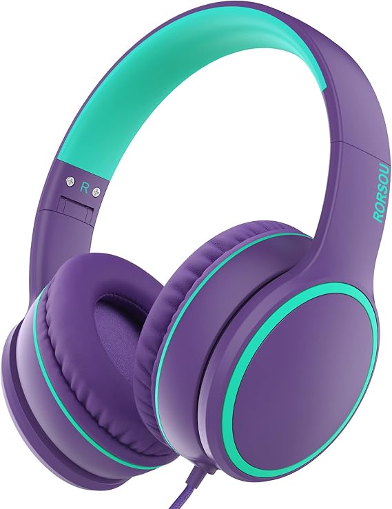 R10 Over-Ear Headphones with Microphone, Lightweight Folding Stereo Bass Headset with 1.5M No-Tangle Cord, Portable Wired Headphones for Smartphone Tablet Computer MP3 / 4 (Purple)