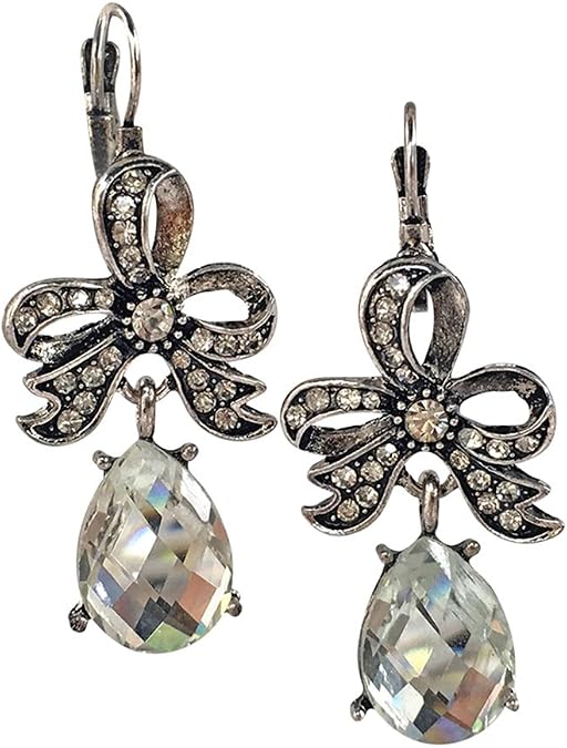 Ribbon Bow Rhinestone Tear Drop Dangle Leverback Fashion Earrings
