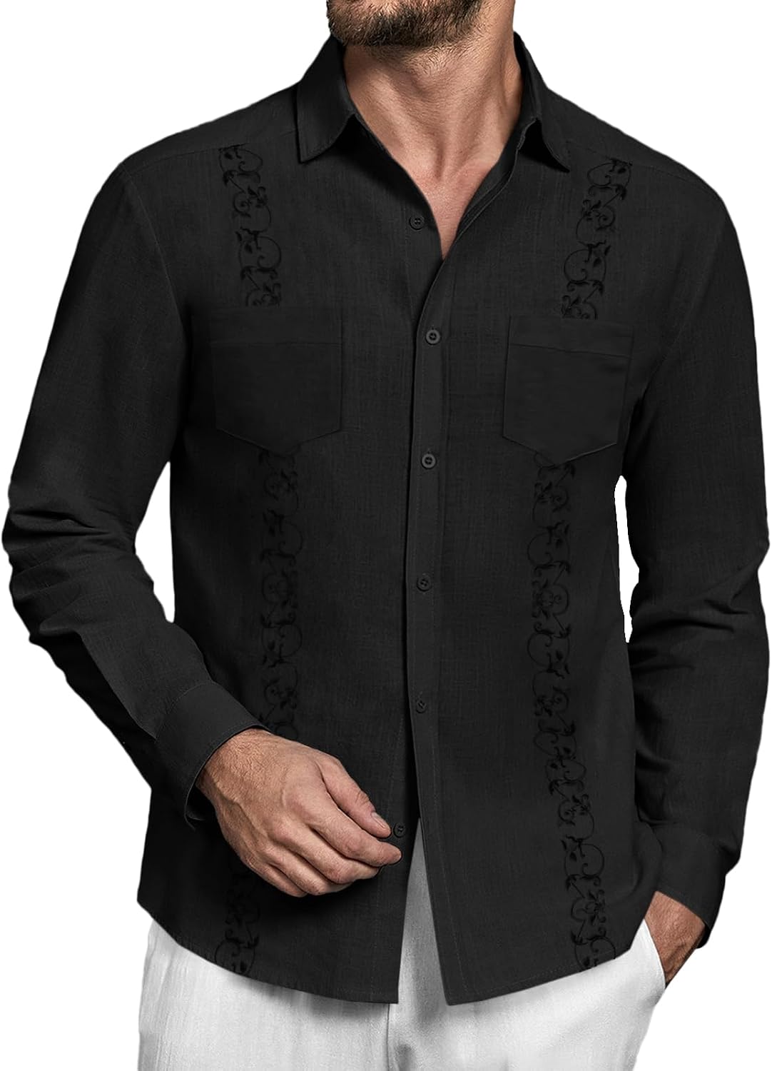 Makkrom Mens Guayabera Shirts Linen Button Down Long Sleeve Cuban Camp Summer Beach Casual Shirt