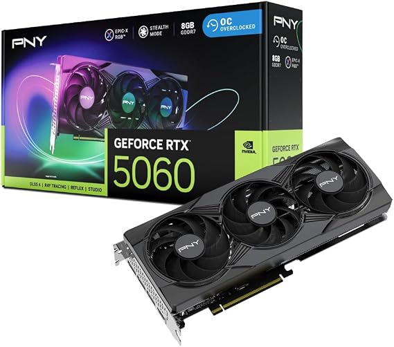 PNY NVIDIA GeForce RTXTM 5060 Epic-X RGBTM OC Triple-Fan Graphics Card | 8GB G7, 128-bit, SFF-Ready, PCIe 5.0, HDMI/DP 2.1, 2-Slot, NVIDIA Blackwell Architecture, DLSS 4.5