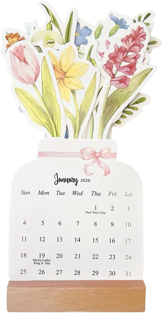Bloomy Flowers Desk Calendar 2026 Decoration Schedule Planner Decorative | Mini Standing Decorative Flower Calendar for Home Office Classroom Dorm Studio Christmas Valentine's Day Housewarming