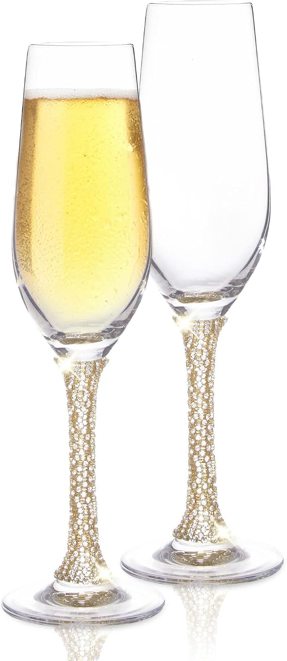 Premium Champagne Flutes - Crystal Champagne Glasses with Elegant Gold Rhinestone Embellished Stem - 8oz each (Set of 2)