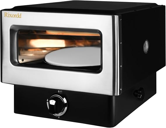 12" Portable Propane Gas Pizza Oven - High-Heat Outdoor Pizza Oven with Cordierite Stone Surface - Wide-Mouthed Opening for Backyard, Camping, and Picnics (Silver black dual color)