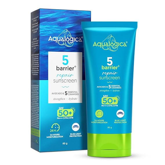 Aqualogica 5 Barrier+ Repair Sunscreen with Avocado & 5 Essential Ceramides SPF 50 PA++++ UVA/B & Blue Light Broad Spectrum Protection Strengthens Skin Barrier 24 Hr Moisturization Fragrance Free 80 g