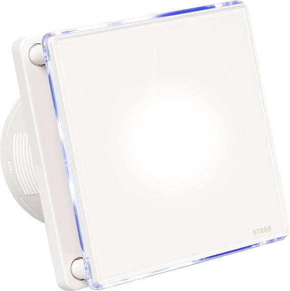STERR White Bathroom Fan 4 inches / 100 mm with LED + TIMER - Extractor Fan - Glass Front - Modern Look - BFS100LT - 10 W