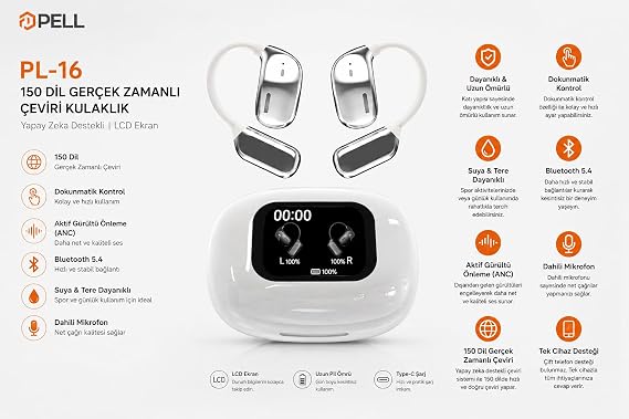 Pell PL-16 Gerçek Zamanlı Çeviri Kulaklık, 150 Dil Desteği, Yapay Zeka Destekli, ANC, Bluetooth 5.4, LCD Ekran