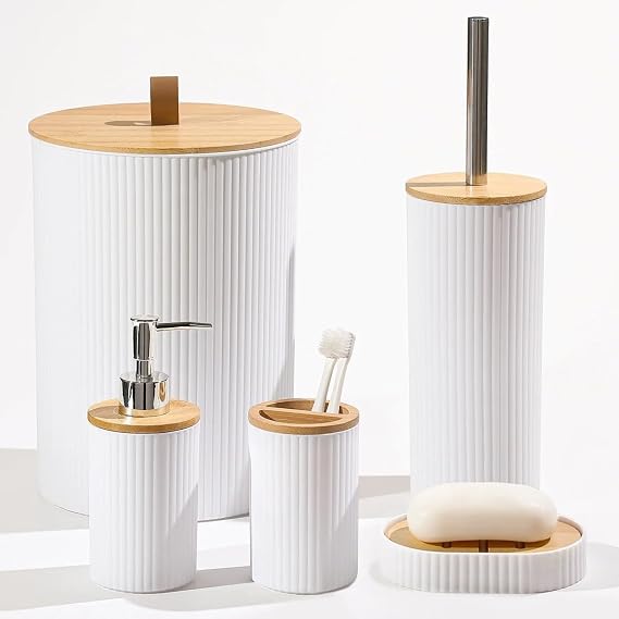 5 Parça Yuvarlak Banyo Seti, Bambu Kapaklı, Beyaz, Hacim: 7 litre